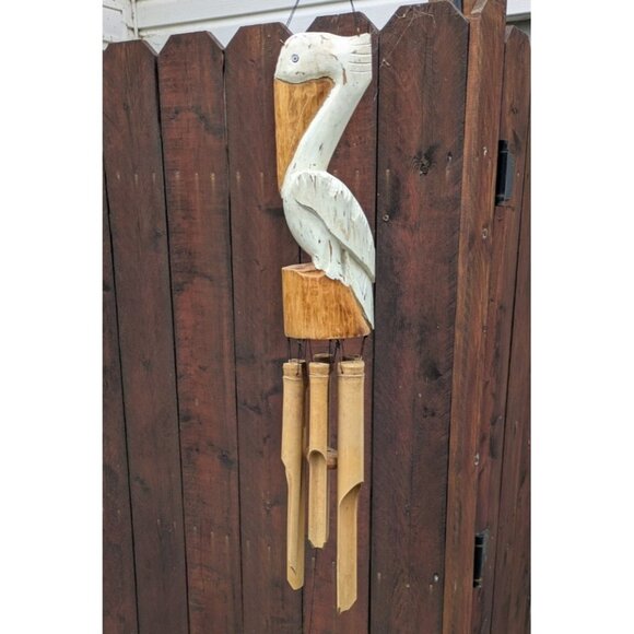 Hand Carved Wooden Pelican on Piling WINDCHIME Bamboo Chimes 46" Drop - Picture 1 of 9